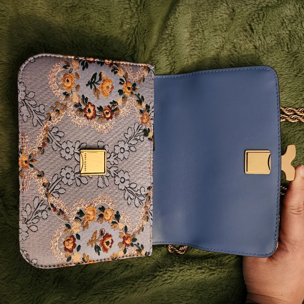 Tory Burch Eleanor Sea Frost Brocade shoulder bag crossbody blue